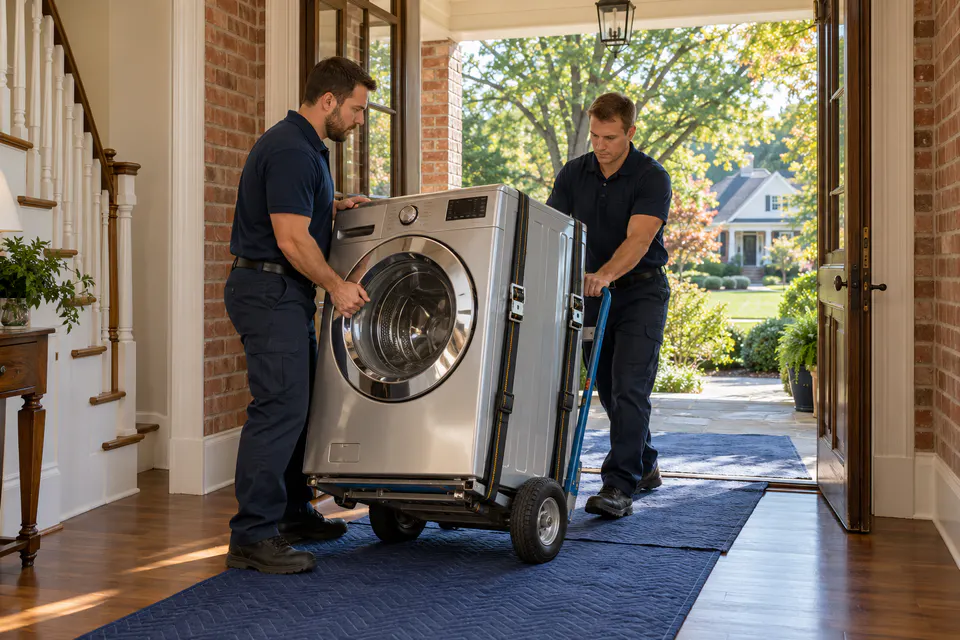 A washing machine secured on an appliance dolly in a Franklin home.