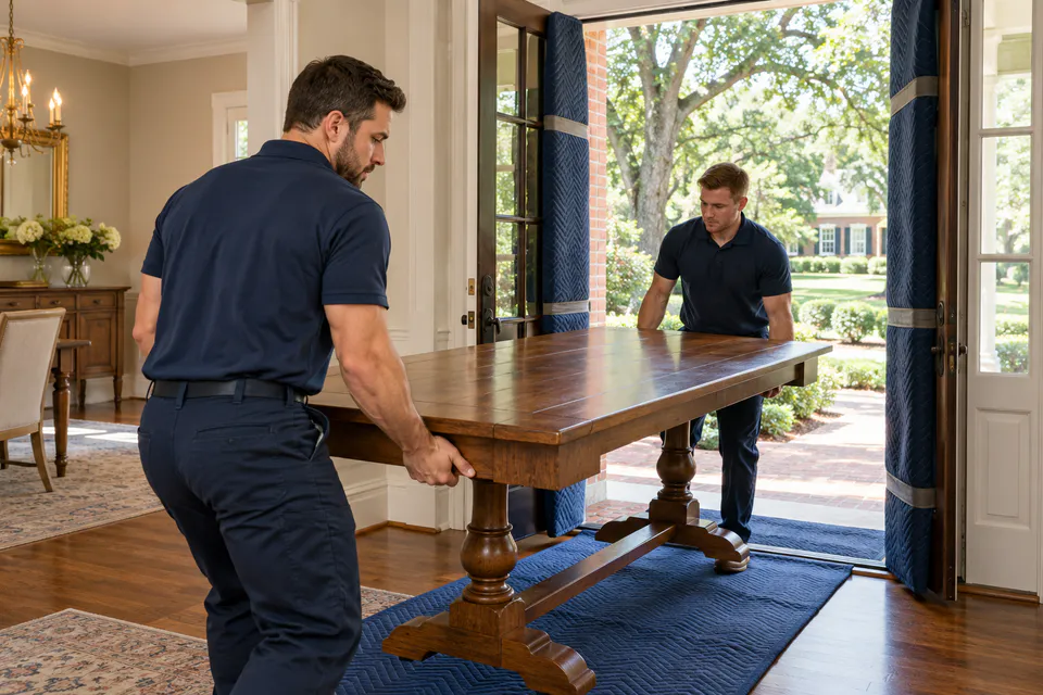 Movers carrying a protected wooden dining table in a Franklin home.
