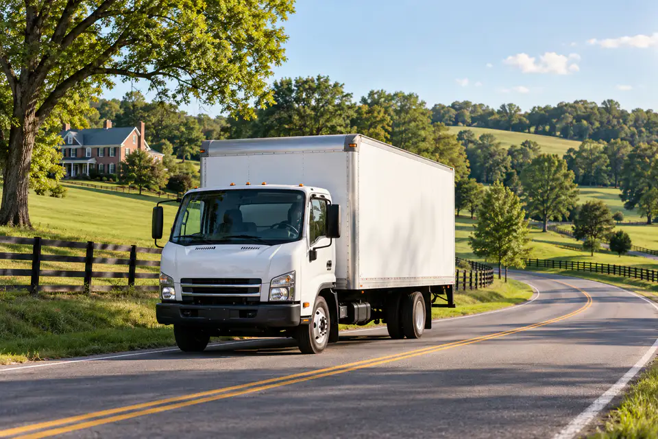 A moving truck on a green Middle Tennessee road.