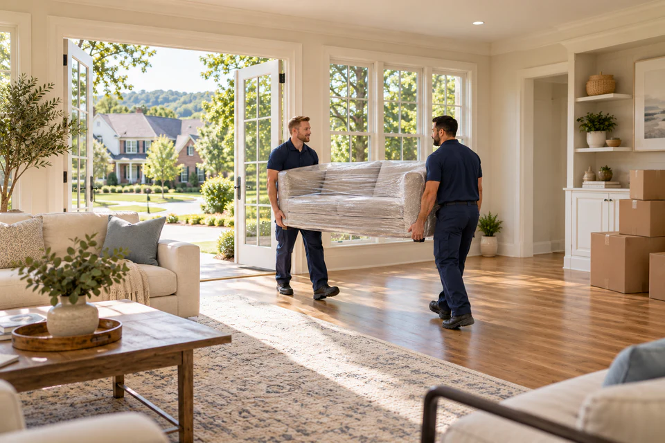 Movers carrying a protected sofa in a Franklin, Tennessee home.