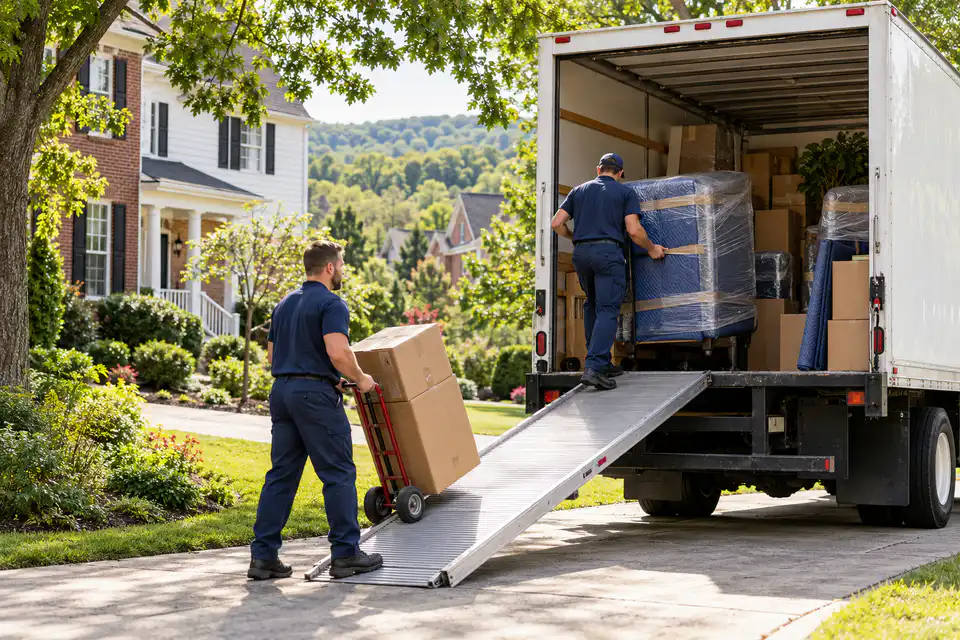 Movers loading a truck beside a leafy Franklin, Tennessee home.