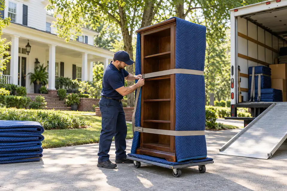 A mover protecting furniture beside a truck at a Franklin home.