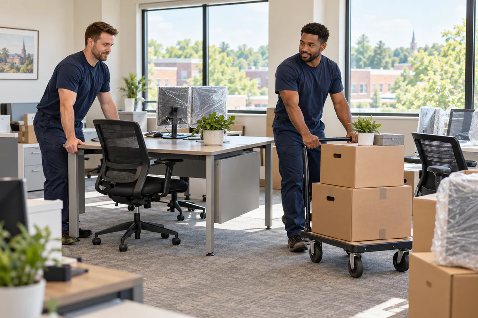 Office furniture and boxes being moved in a Franklin, Tennessee workplace.