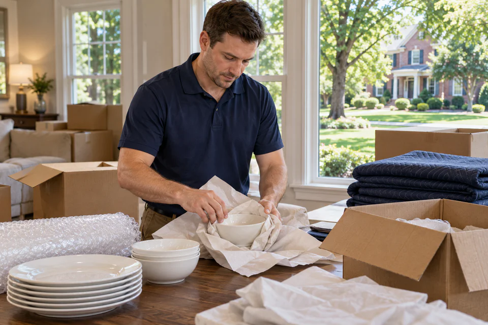 Careful dish packing in a Franklin, Tennessee home.