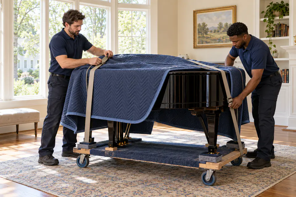 A protected baby grand piano being prepared for a move in Franklin, Tennessee. A protected baby grand piano being prepared for a move in Franklin, Tennessee.