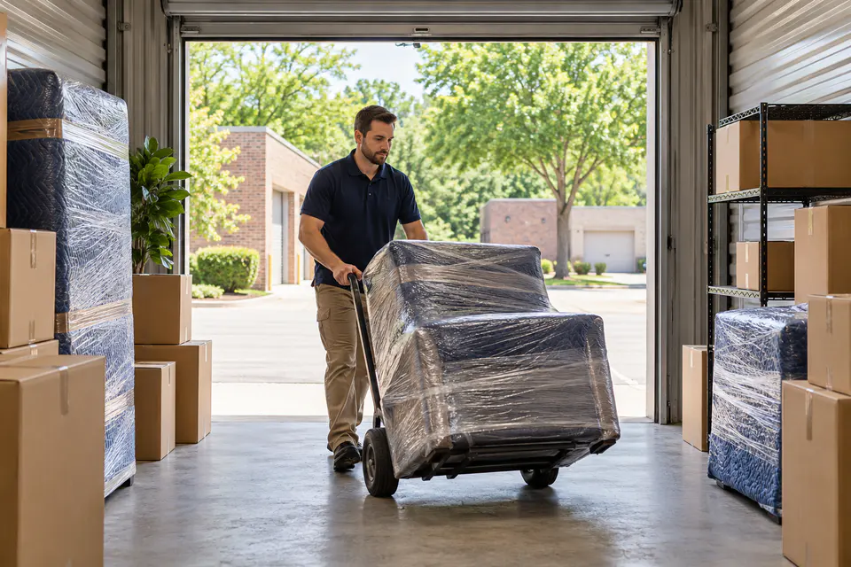 Protected belongings being placed in a clean storage unit.